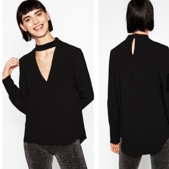 ZARA Choker V-neck Long Sleeve Black Blouse - Picture 6 of 6